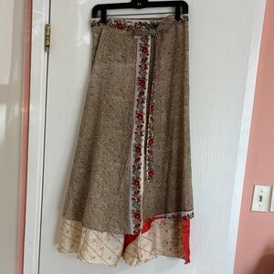 Floral Tiered Reversible Silk Wrap Skirt in Beige, Cream and Red